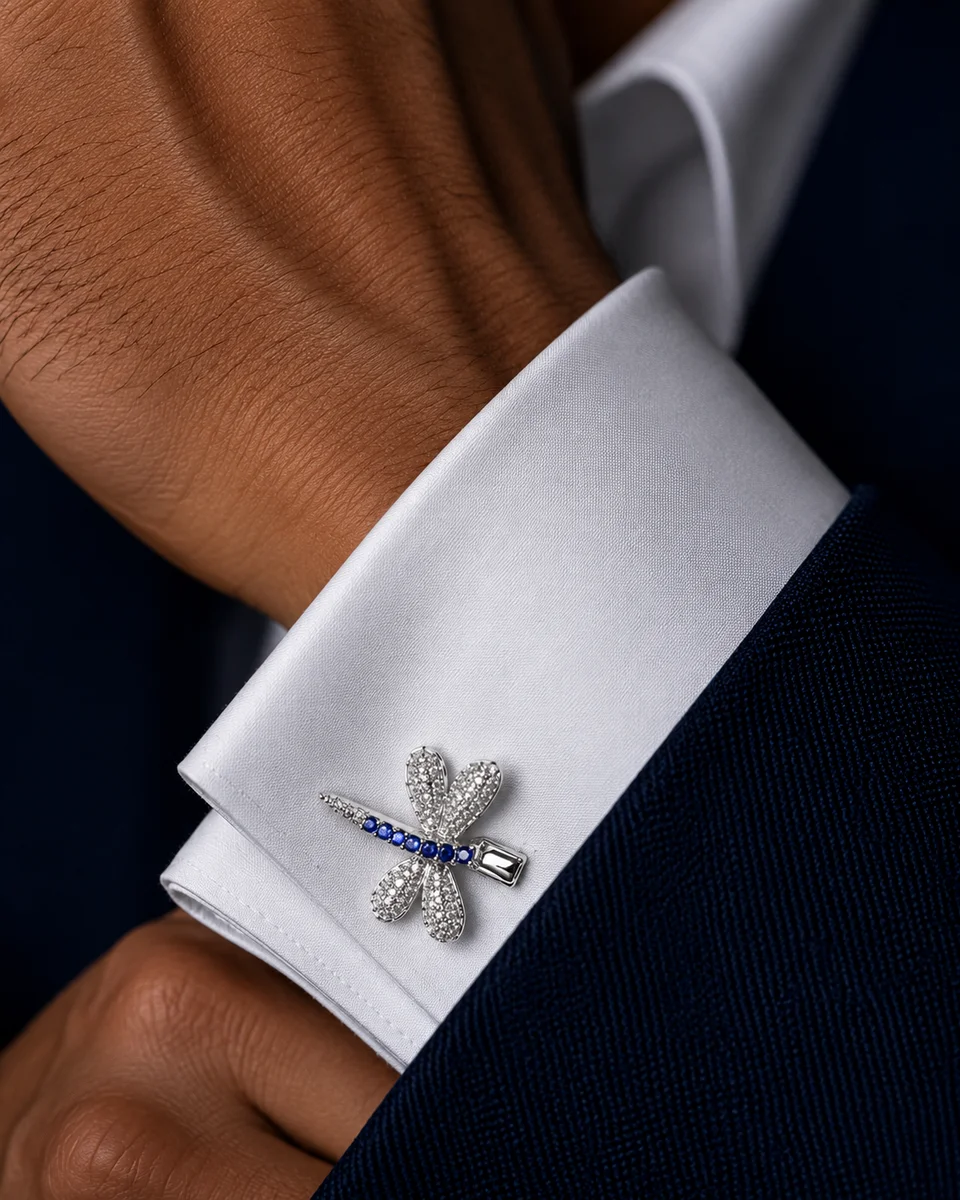 Elegant Crystal Dragonfly Cufflinks – Silver Tone For Men With Free Leather Box