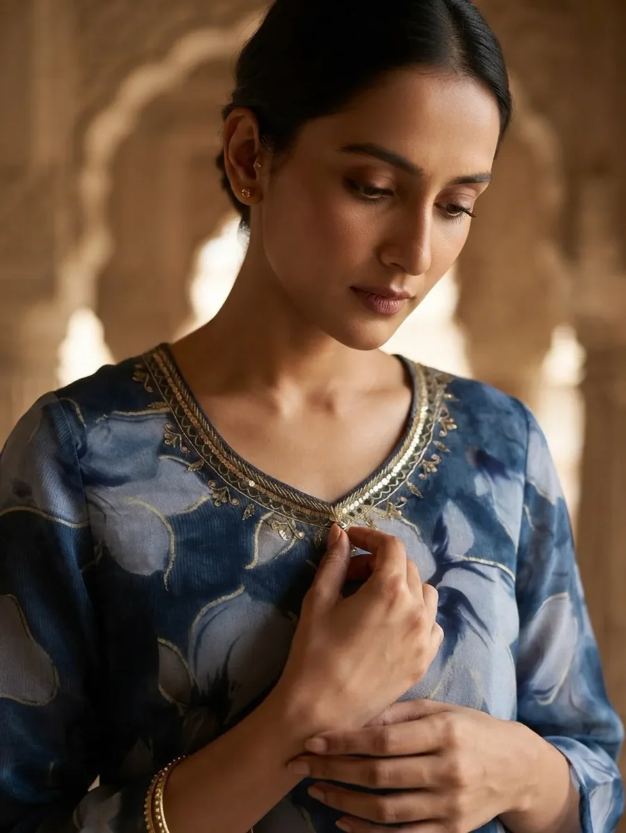 Women's Deep Blue Watercolor Floral Chinnon Kurta With Santoon Pants & Chiffon Dupatta – Elegant Traditional Suit with Embroidered Chiffon Dupatta