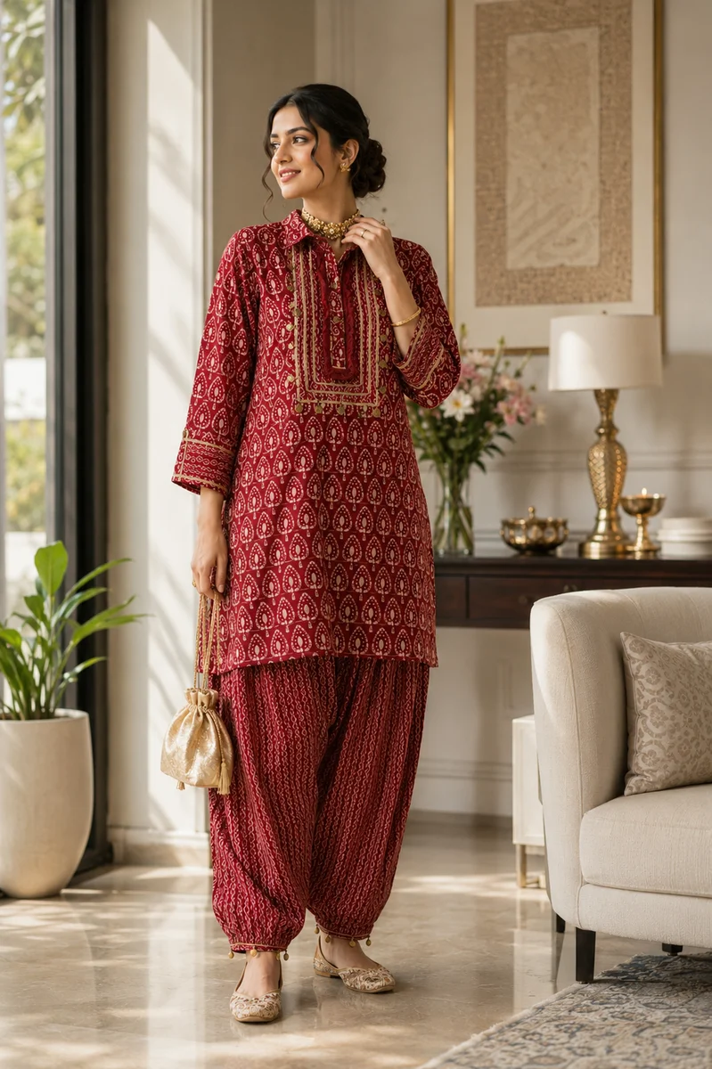 Premium Modal Red Printed Pathani Kurti with Afghani Pants & Gota Work