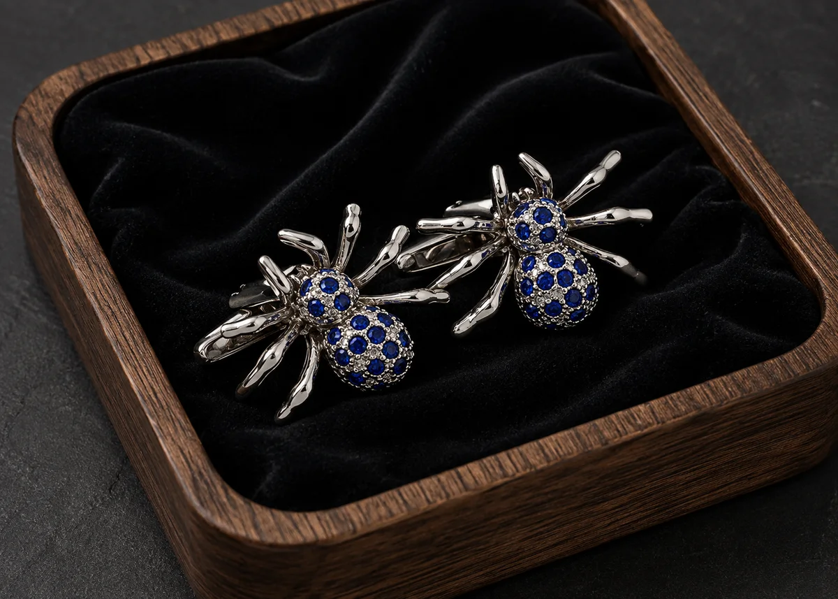 Edgy Sapphire Blue Spider Cufflinks – Men’s With Free Leather Box alt