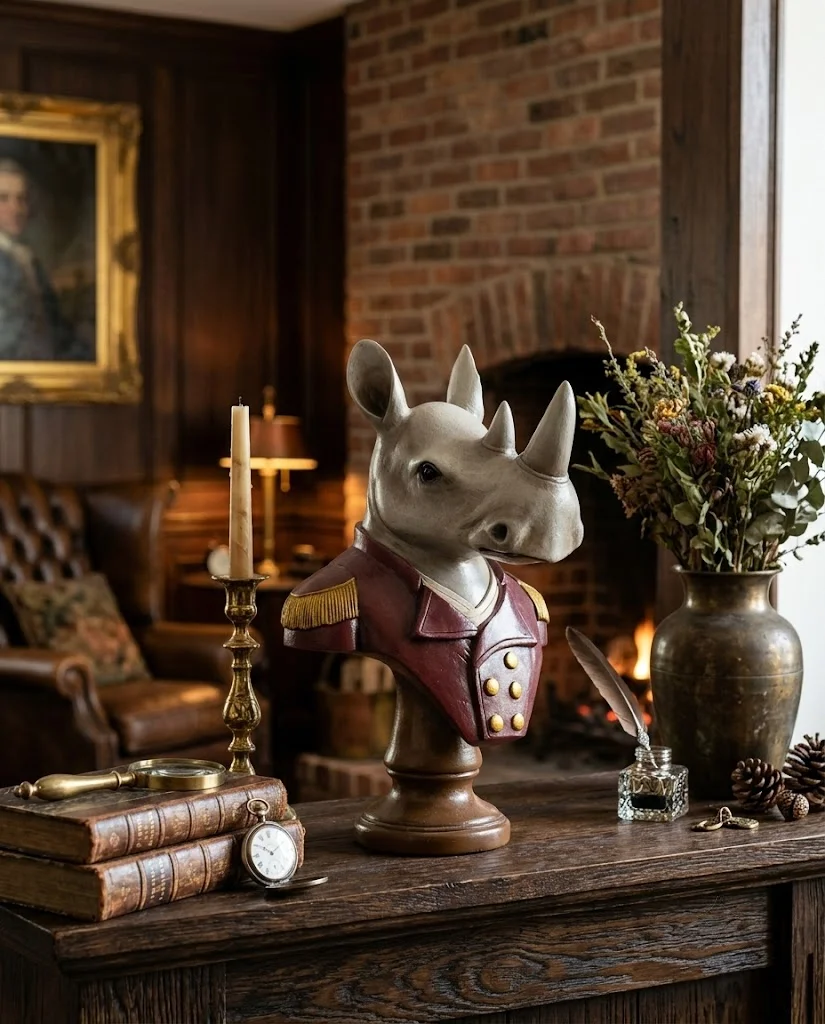 Regal Military Rhinoceros Bust – Vintage Aristocrat Animal Decor for Home & Office