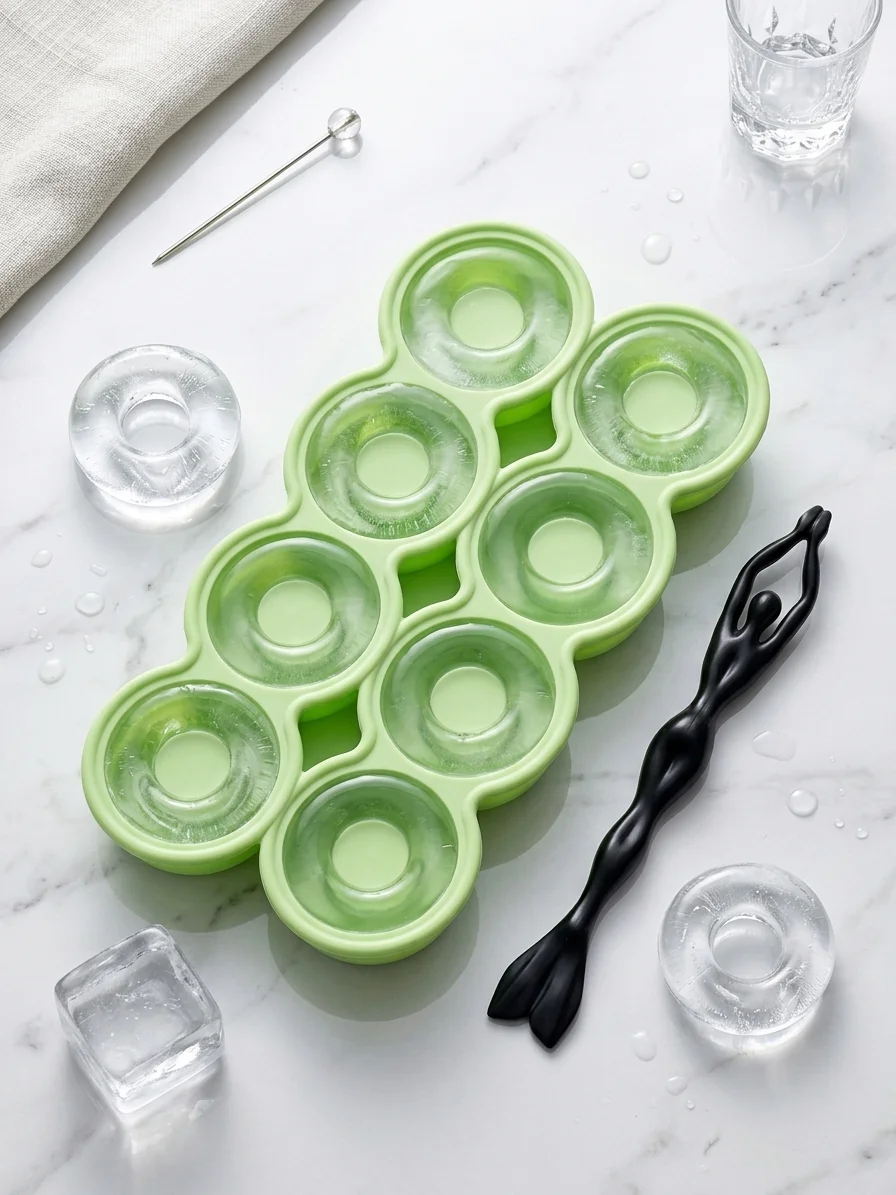 Silicone Ring Ice Cube Tray with Mermaid Stirrer – 8-Cavity Hollow Round Ice Mold for Whiskey, Cocktails & Mocktails