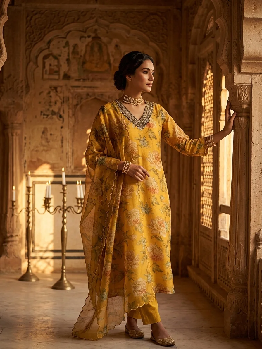 Mustard Yellow Floral Premium Muslin Kurta, Premium Organza Scalloped Dupatta