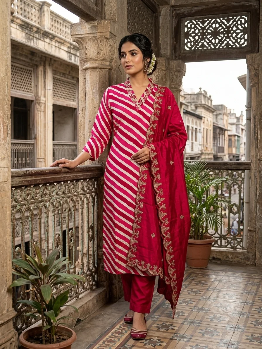 Magenta Striped Leheriya Premium Viscose Kurti, Muslin Pants, Muslin Cutwork Embroidery Dupatta alt