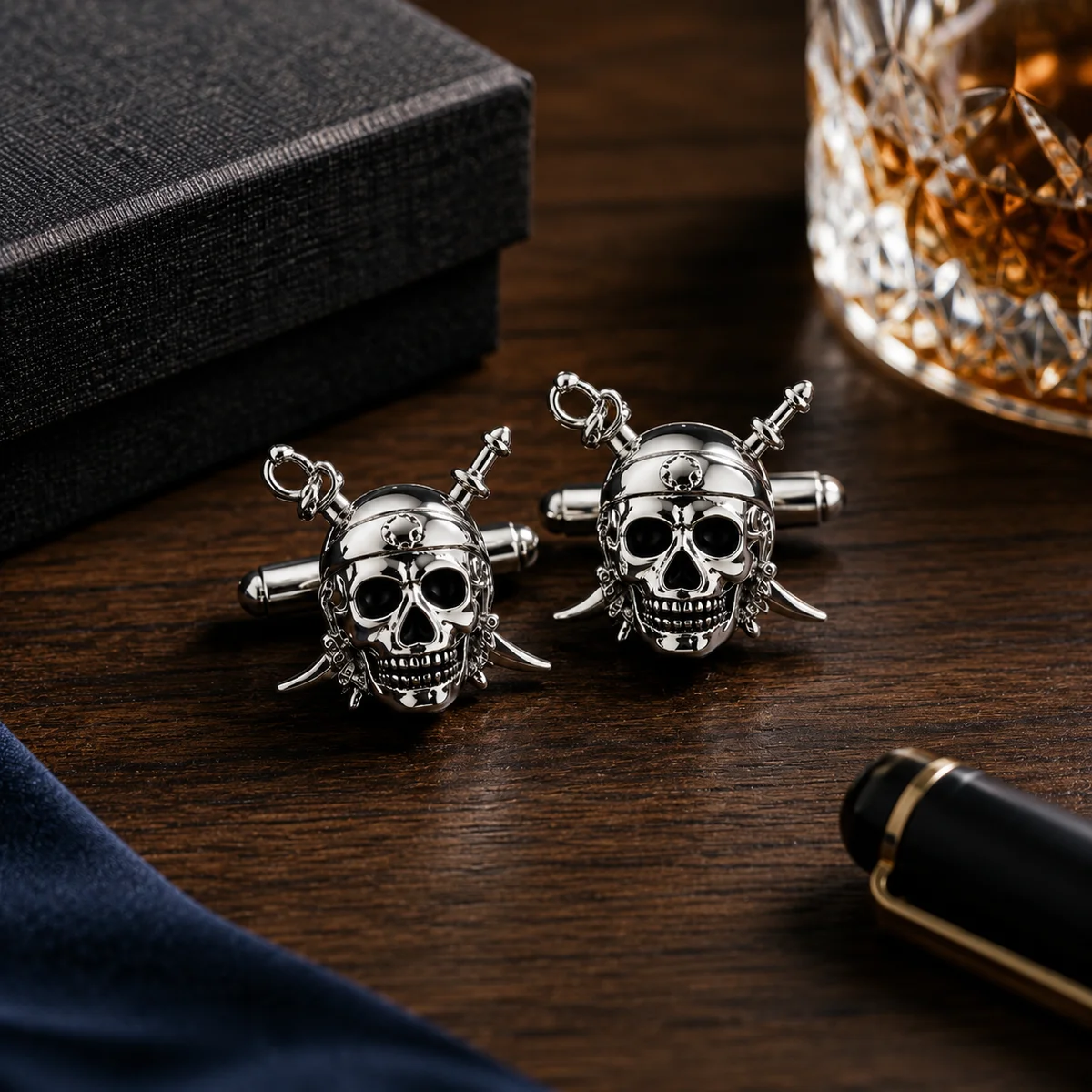 Premium Silver Skull and Crossbones Cufflinks for Men With Free Leather Box alt