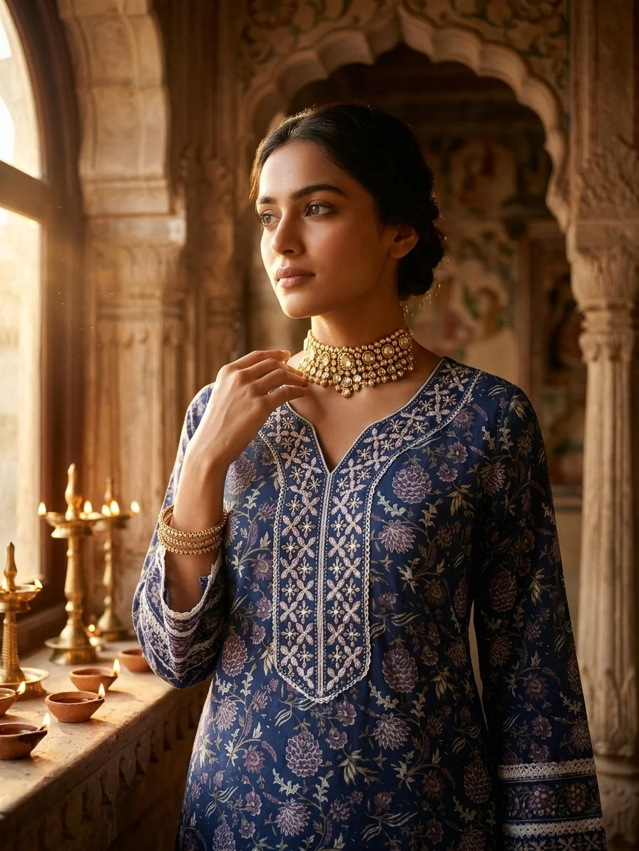 Premium Navy Blue Floral Printed Kurta With Afghani Pant Set with Lace Detailing