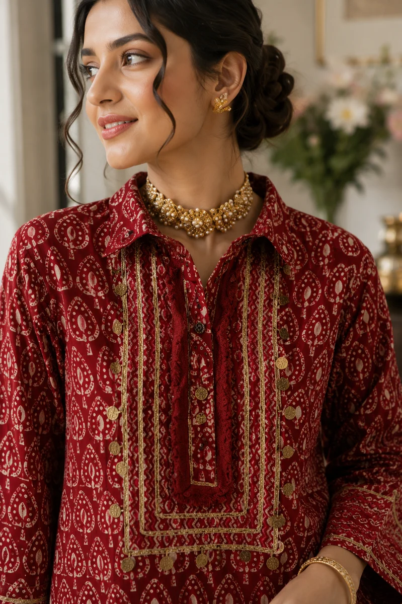 Premium Modal Red Printed Pathani Kurti with Afghani Pants & Gota Work