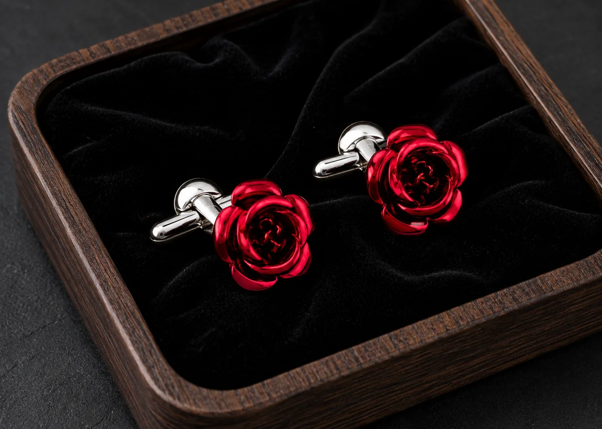 Romantic Red Floral Designer Cufflinks For Men With Free Leather Box alt