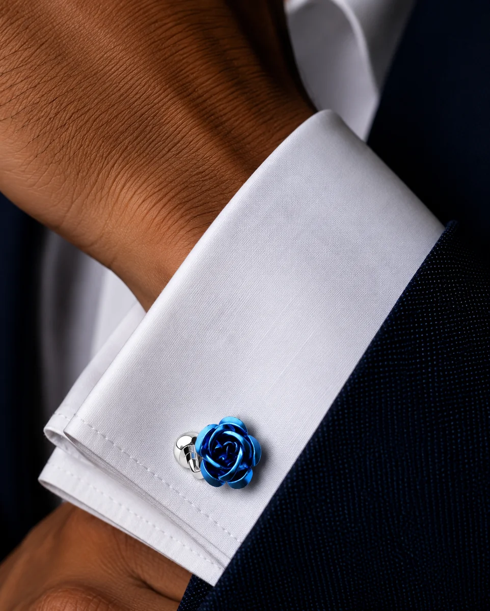 Metallic Cobalt Blue Rose Cufflinks For Men With Free Leather Box