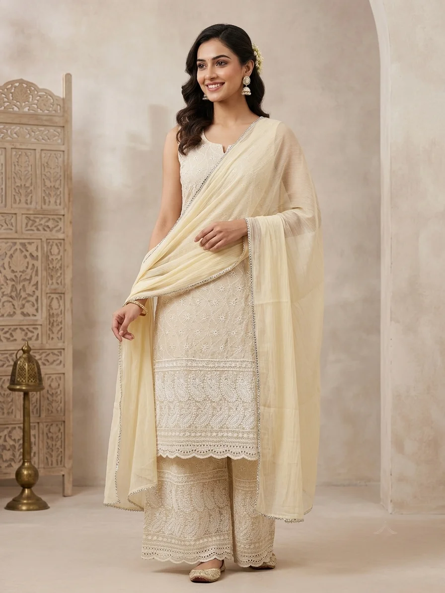 Elegant Ivory Embroidered Kurta Palazzo & Dupatta Set for Women | Festive & Ethnic Wear