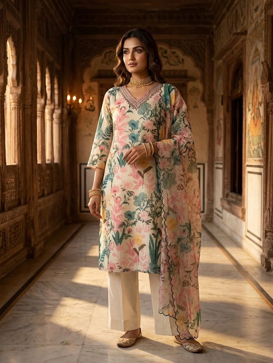 Elegant Pastel Floral Print Premium Viscose Kurti, Scalloped Organza Dupatta alt