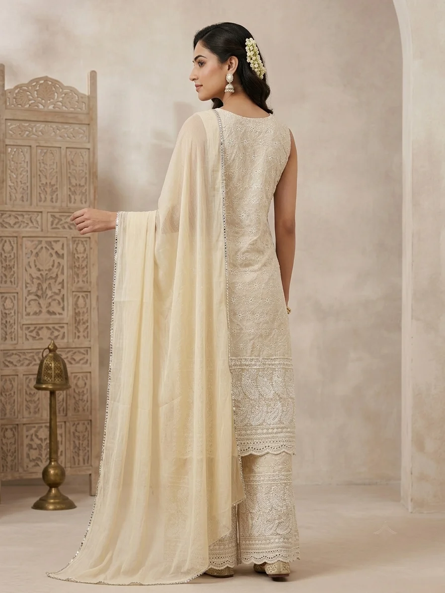 Elegant Ivory Embroidered Kurta Palazzo & Dupatta Set for Women | Festive & Ethnic Wear alt
