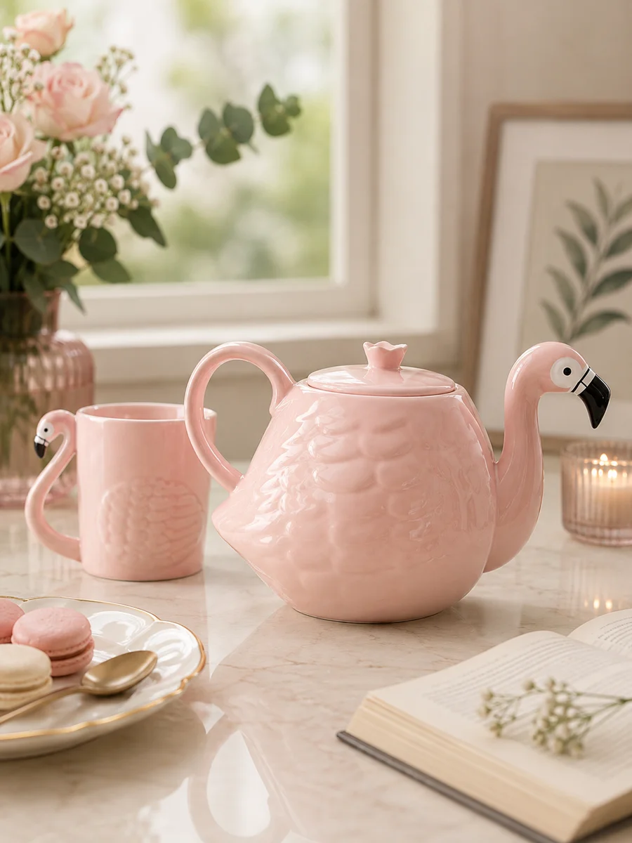 Pink Flamingo Ceramic Tea Set – Elegant Teapot & Matching Mugs for Stylish Tea Time (1 Pot + 2 Cups)