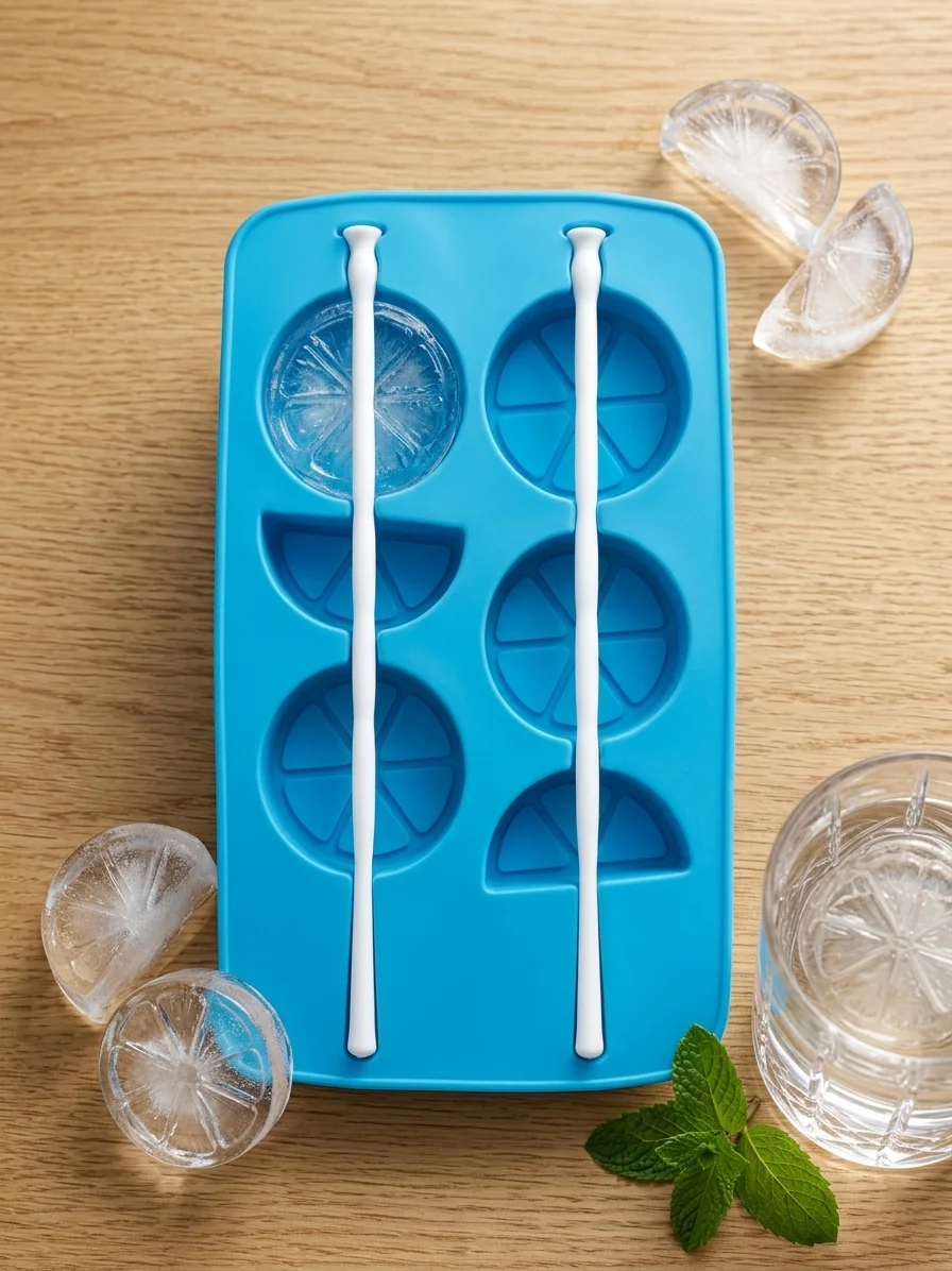 Citrus Slice Silicone Ice Cube Tray with Built-In Stirrers – 2-in-1 Lemon & Wedge Mold for Cocktails & Mocktails