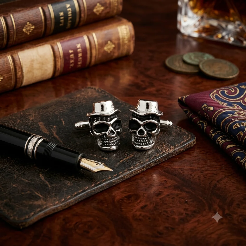 Dapper Skull with Hat Cufflinks – Men’s With Free Leather Box alt