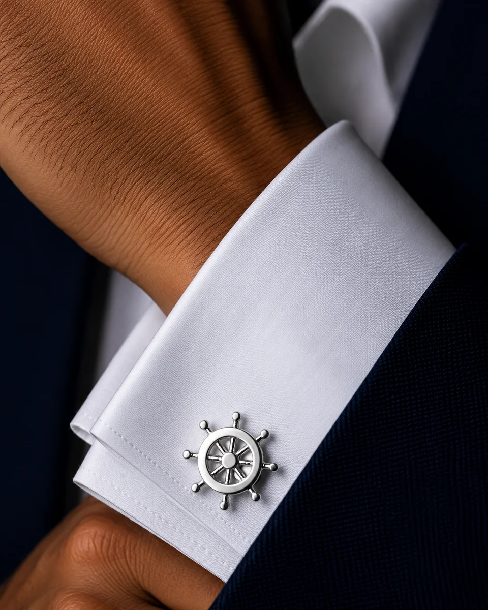 Premium Silver Ship Wheel Cufflinks for Men With Free Leather Box