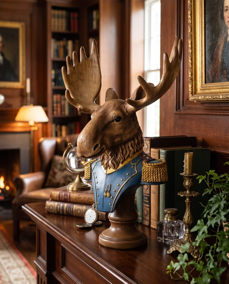 Regal Military Moose Bust Statue – Vintage Aristocrat Animal Decor for Home & Office