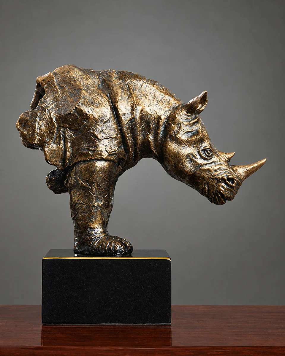 Abstract Bronze Rhinoceros Sculpture on Black Base – Luxury Wildlife Decor