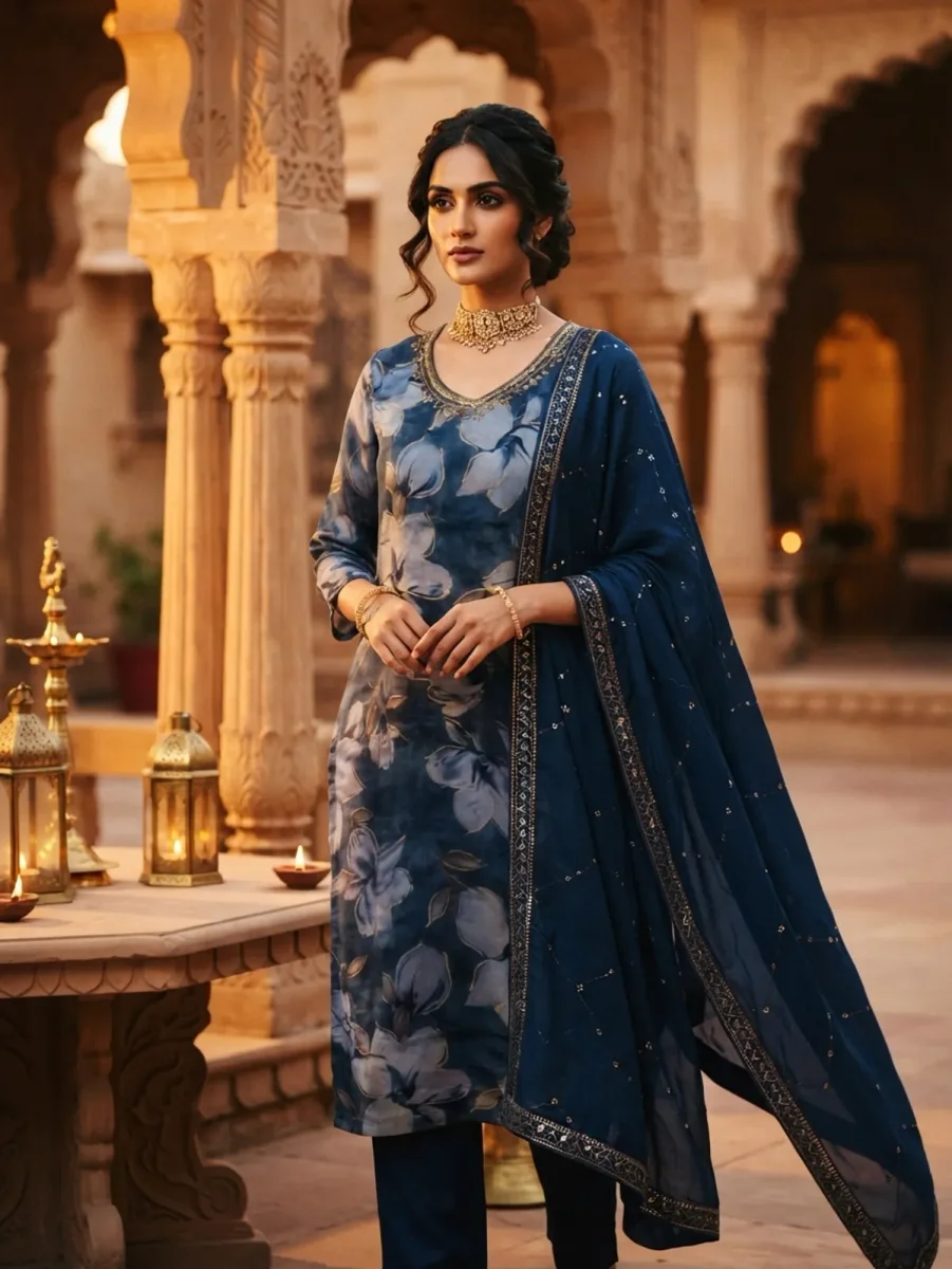 Women's Deep Blue Watercolor Floral Chinnon Kurta With Santoon Pants & Chiffon Dupatta – Elegant Traditional Suit with Embroidered Chiffon Dupatta alt