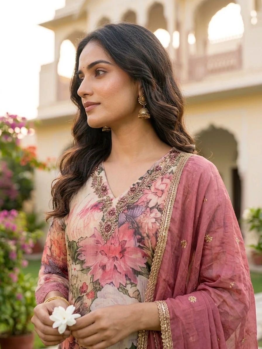 Elegant Pink Floral Embroidered Kurta Set with Dupatta | Designer Ethnic Wear