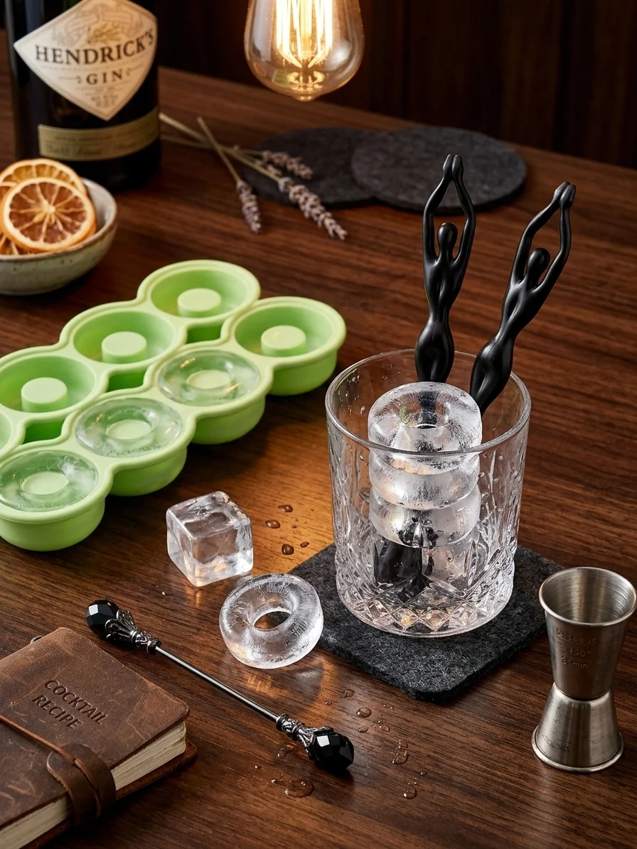 Silicone Ring Ice Cube Tray with Mermaid Stirrer – 8-Cavity Hollow Round Ice Mold for Whiskey, Cocktails & Mocktails alt