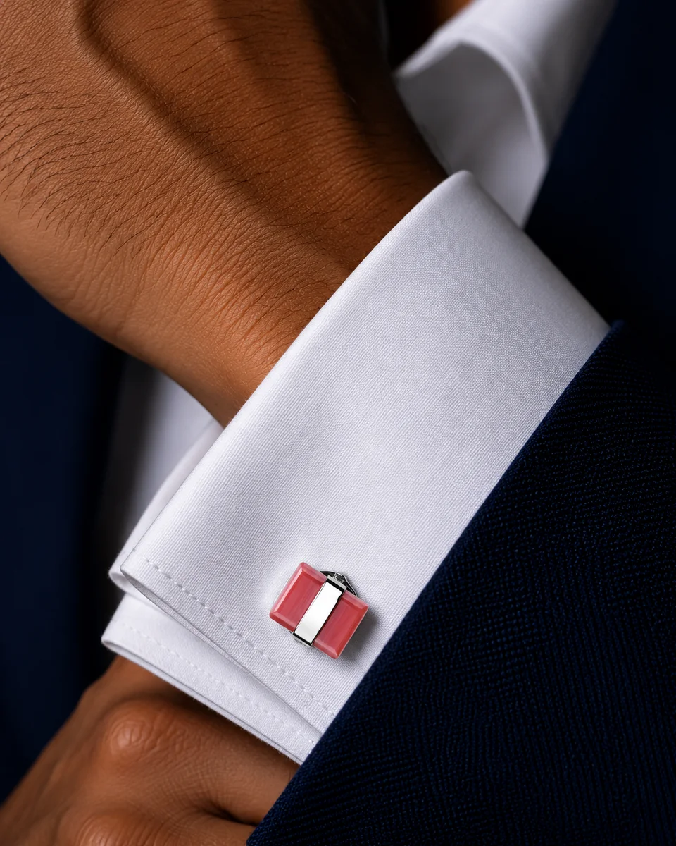 Modern Pink Gemstone Square Cufflinks For Men With Free Leather Box