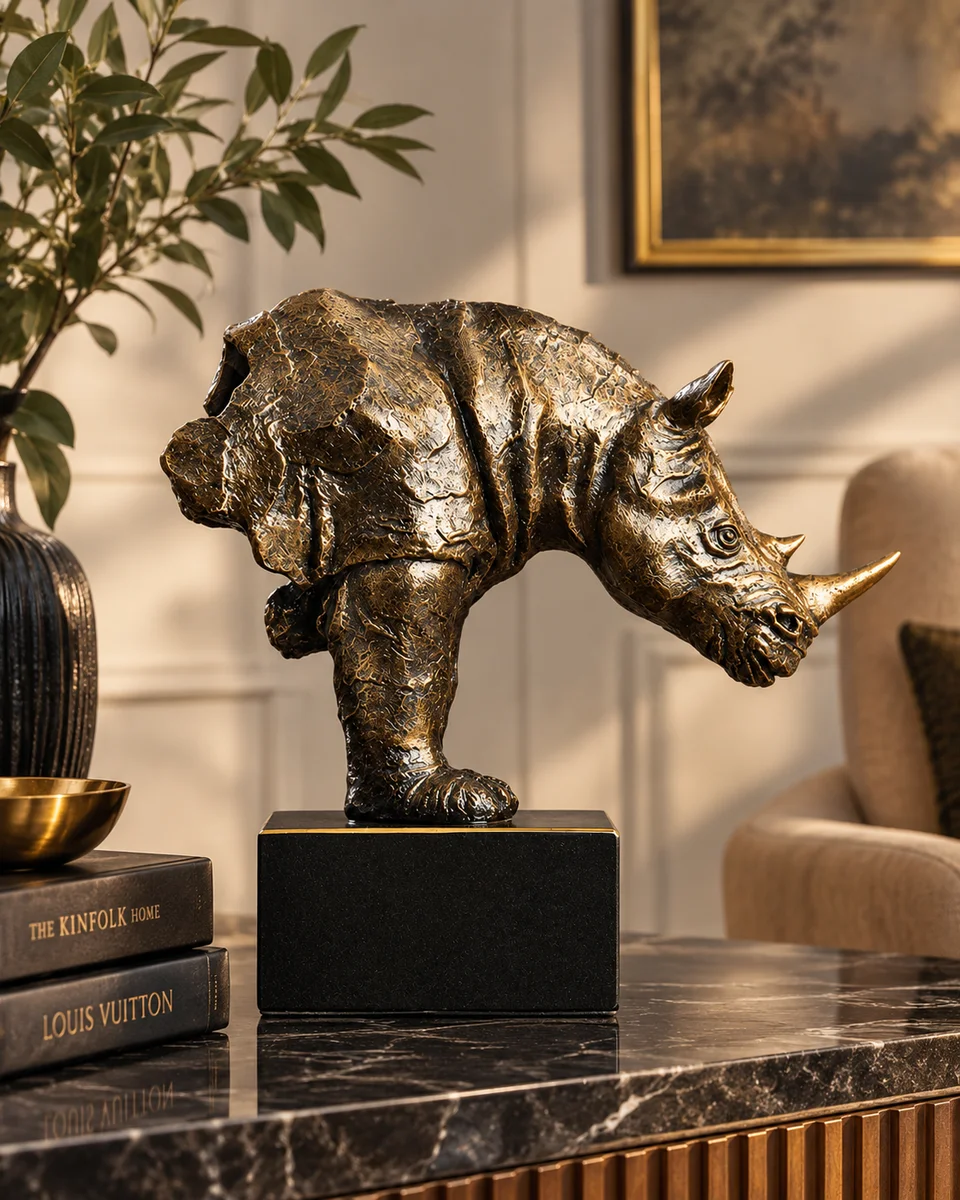 Abstract Bronze Rhinoceros Sculpture on Black Base – Luxury Wildlife Decor