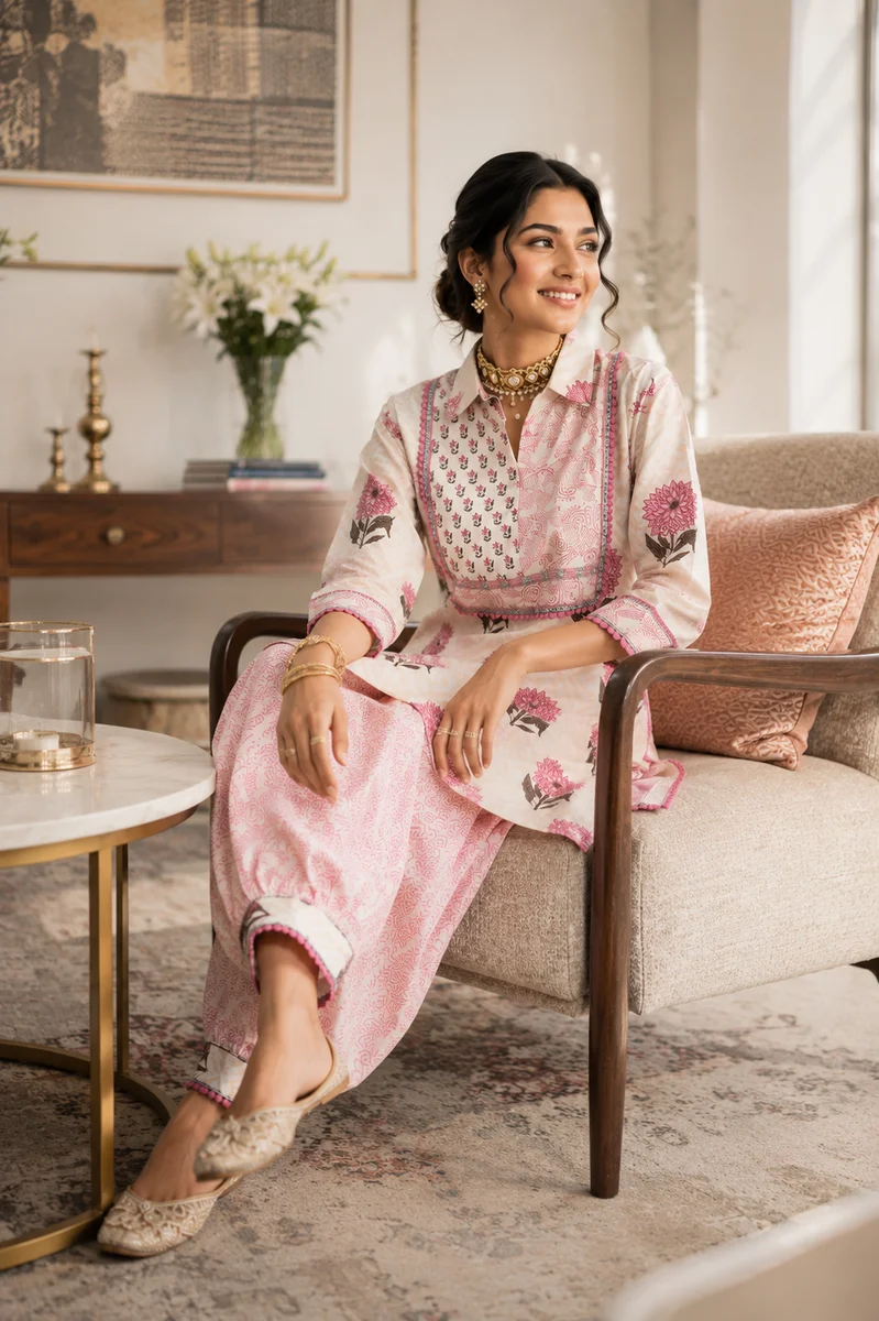 Blushing Floral Cotton Kurti and Dhoti Set | Designer Ethnic Wear