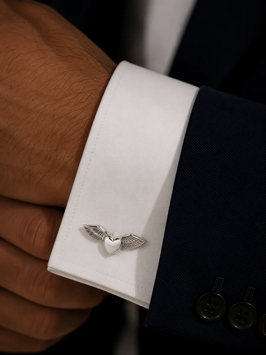 Elegant Silver Angel Wings & Heart Cufflinks for Men With Free Leather Box