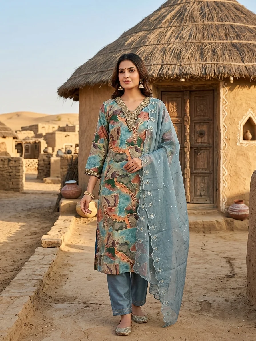 Teal Abstract Print Embroidered Kurta Set with Dupatta | Designer Ethnic Wear alt