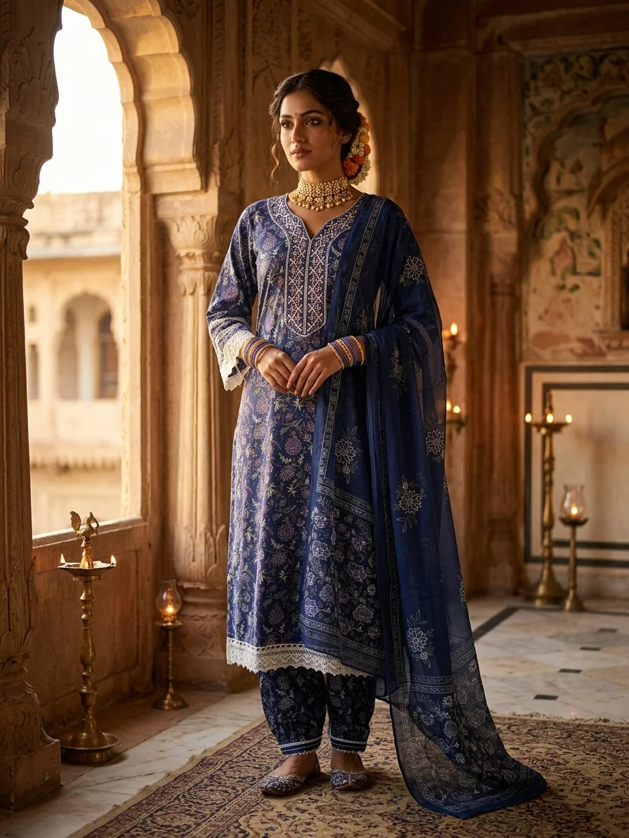Premium Navy Blue Floral Printed Kurta With Afghani Pant Set with Lace Detailing alt
