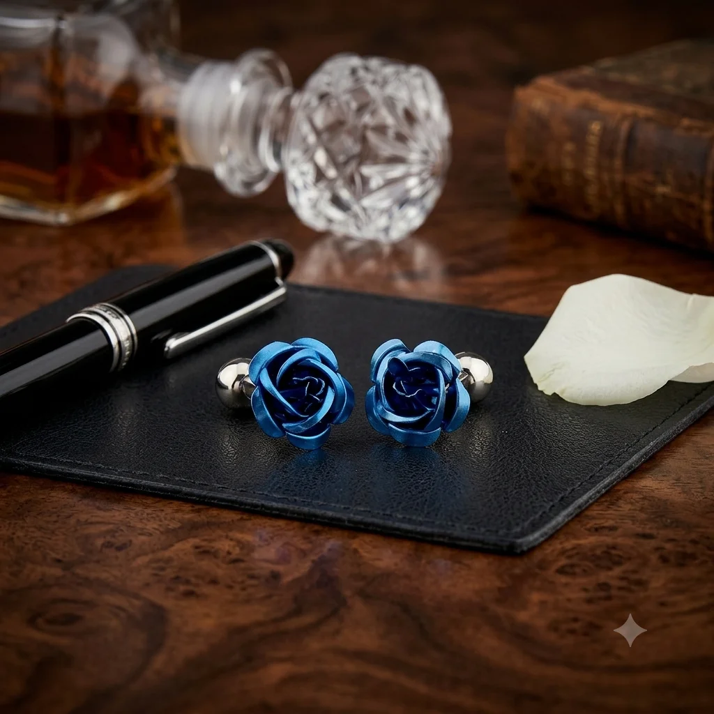 Metallic Cobalt Blue Rose Cufflinks For Men With Free Leather Box alt