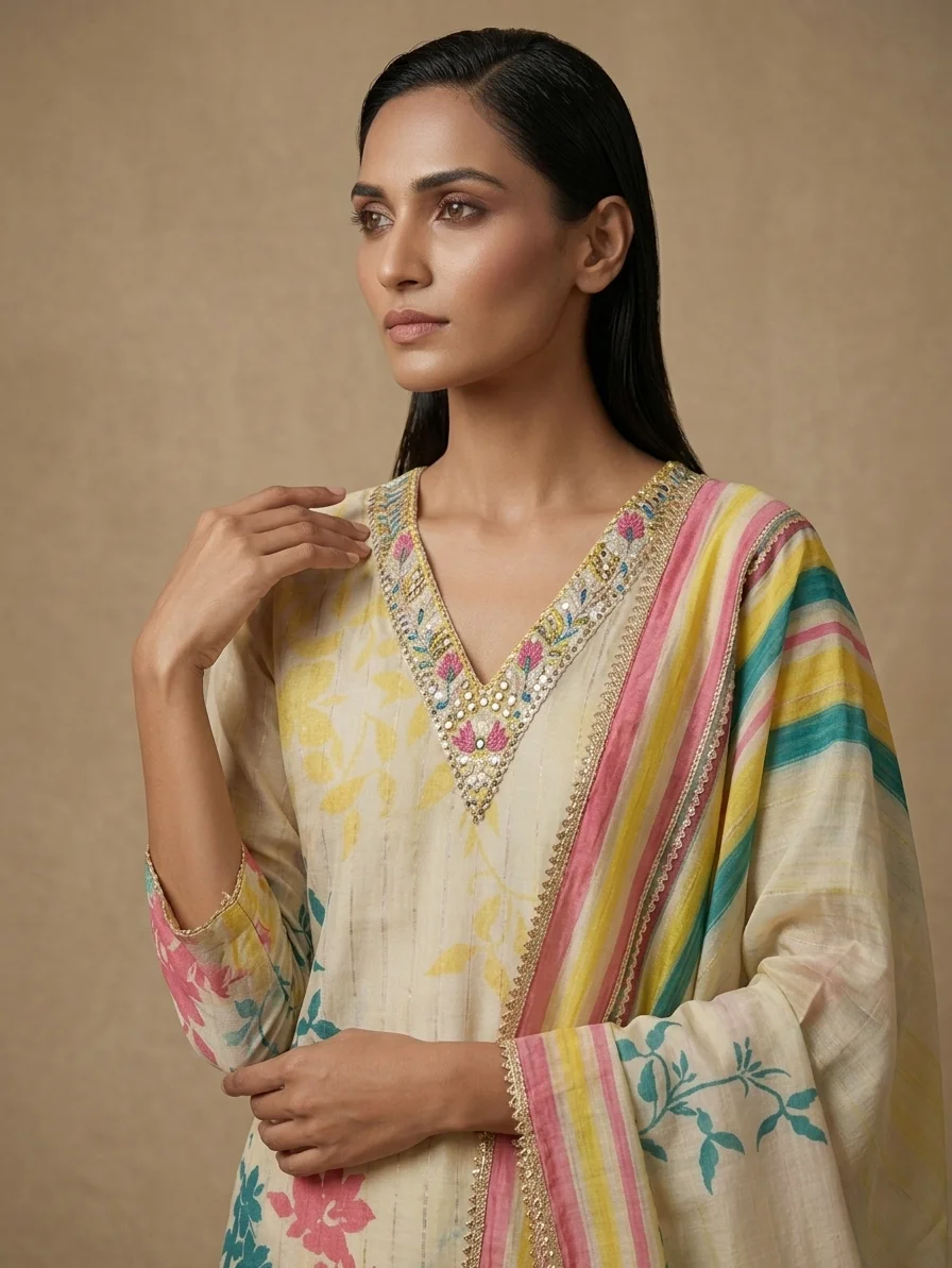 Vibrant Floral Silhouette Print Viscose Kurti, Muslin Pants, Soft Premium Striped Viscose Dupatta