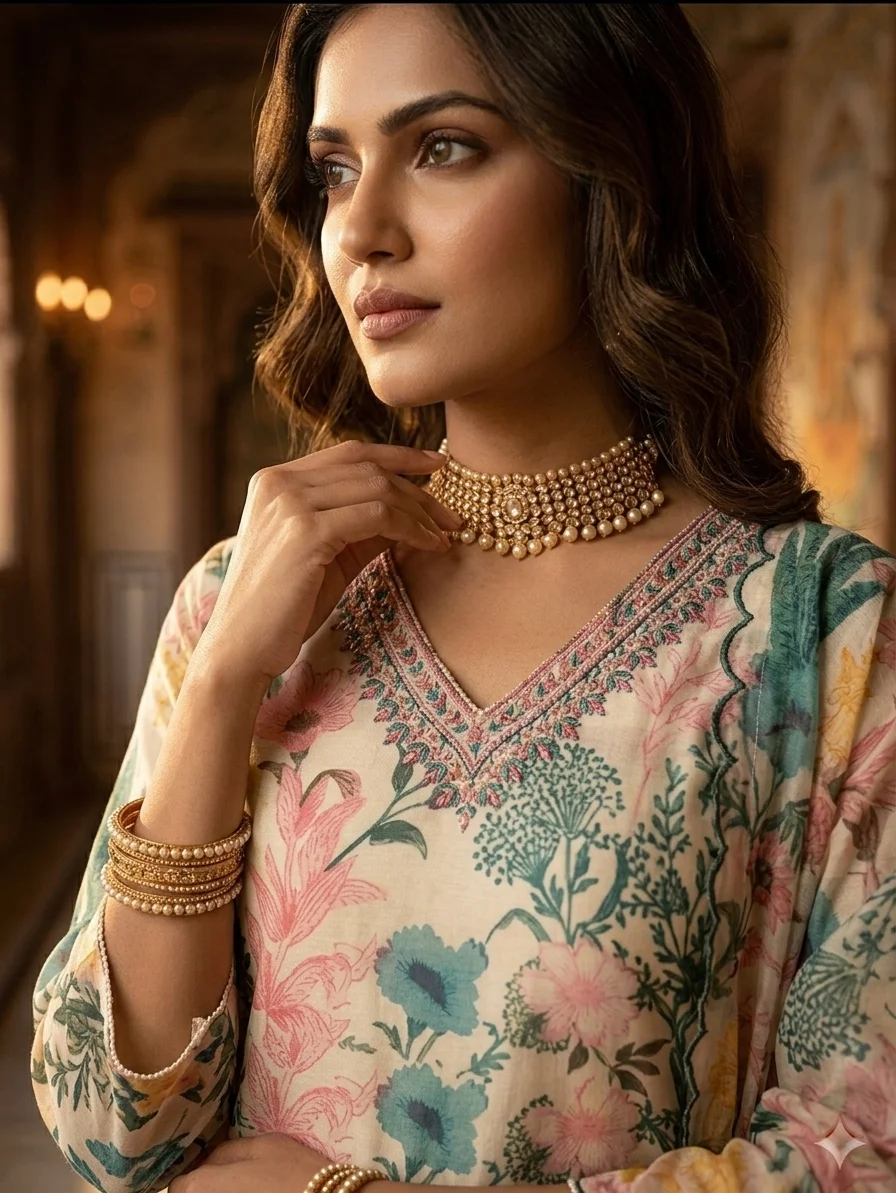 Elegant Pastel Floral Print Premium Viscose Kurti, Scalloped Organza Dupatta