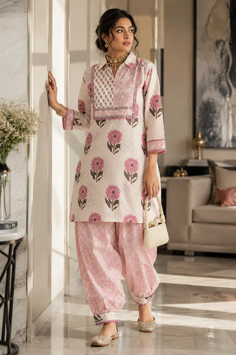 Blushing Floral Cotton Kurti and Dhoti Set | Designer Ethnic Wear alt