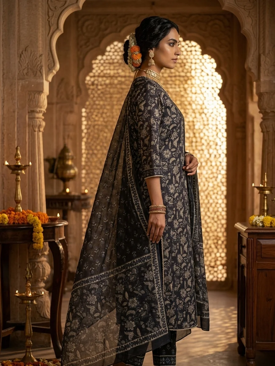 Black Floral Printed Kurta Pant & Dupatta Set for Women alt