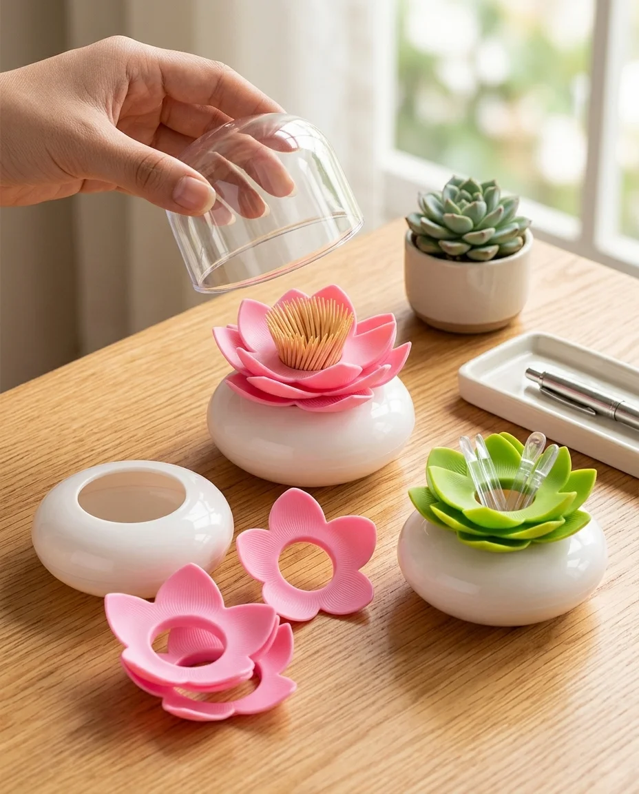 Lotus Flower Toothpick & Cotton Swab Holder | Decorative Dispenser with Lid