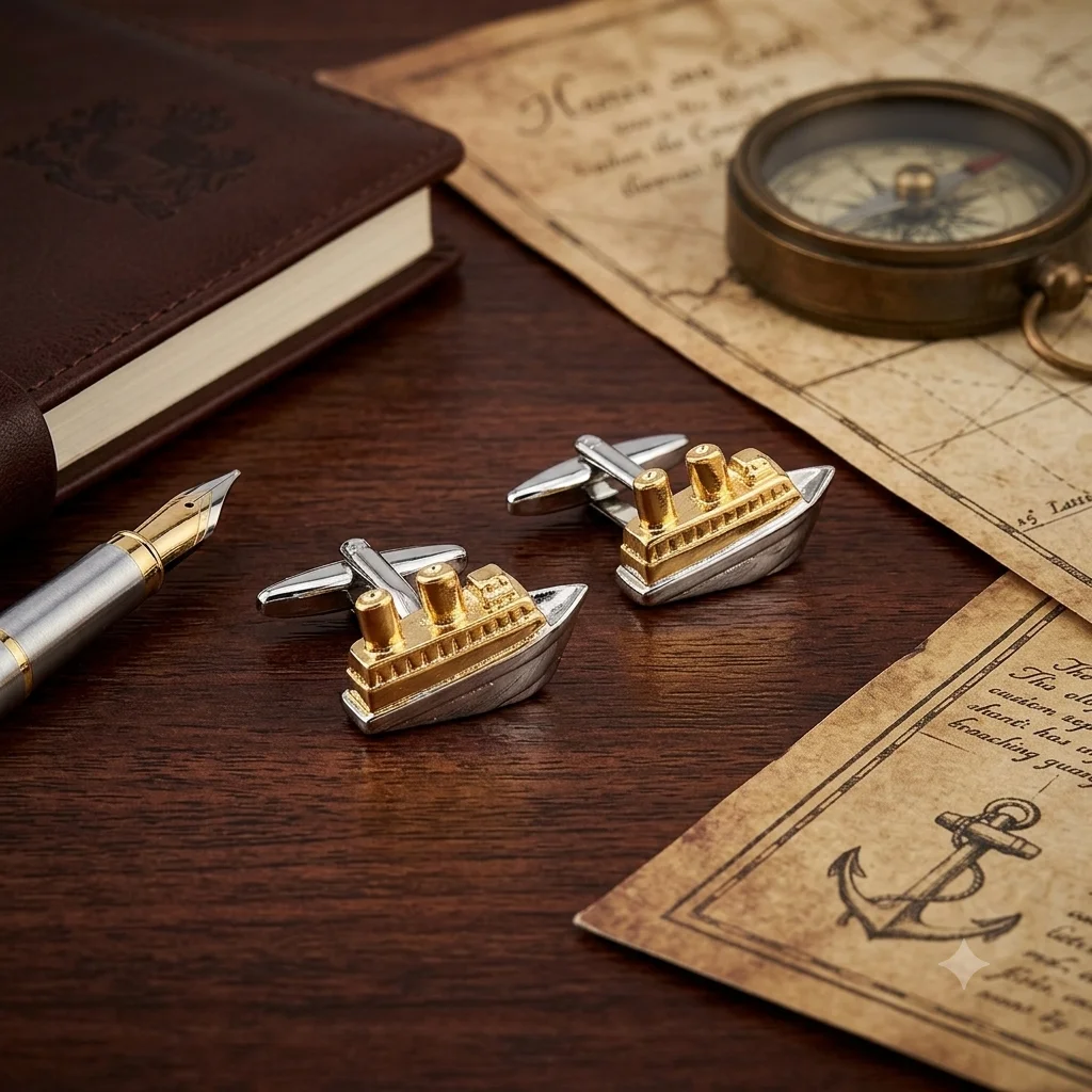 Premium Two-Tone Ocean Liner Cufflinks for Men With Free Leather Box alt