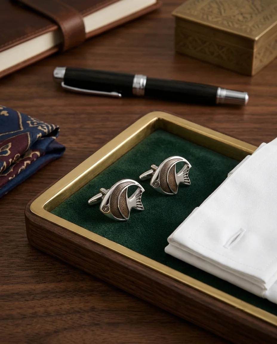 Premium Silver and Textured Brown Fish Cufflinks for Men With Free Leather Box alt
