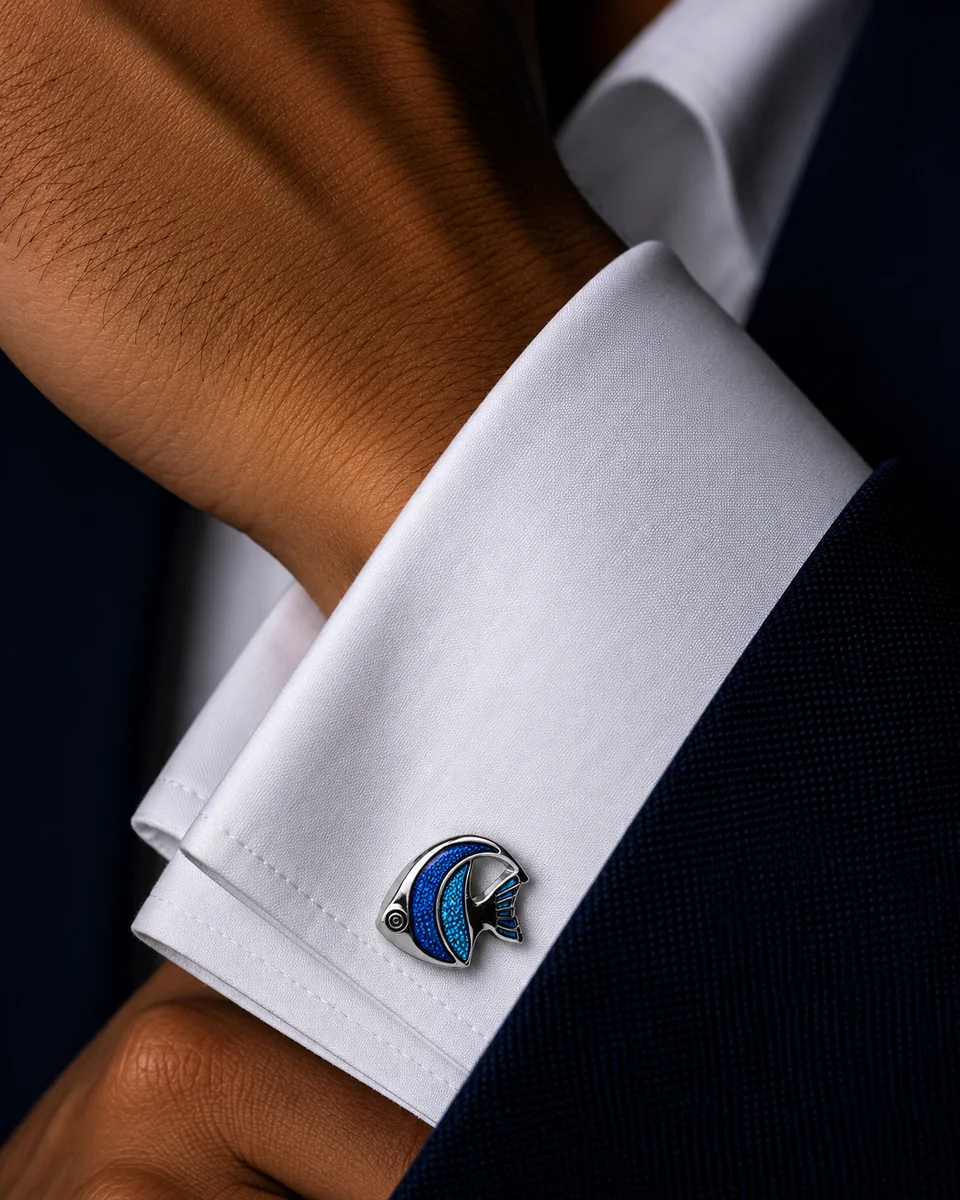 Premium Silver and Textured Blue Fish Cufflinks for Men With Free Leather Box