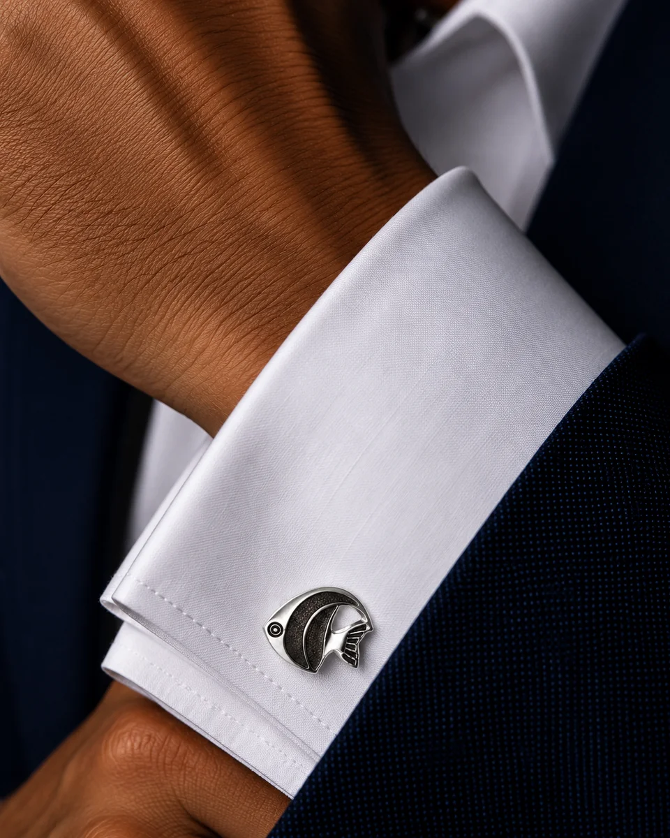 Premium Silver and Textured Brown Fish Cufflinks for Men With Free Leather Box