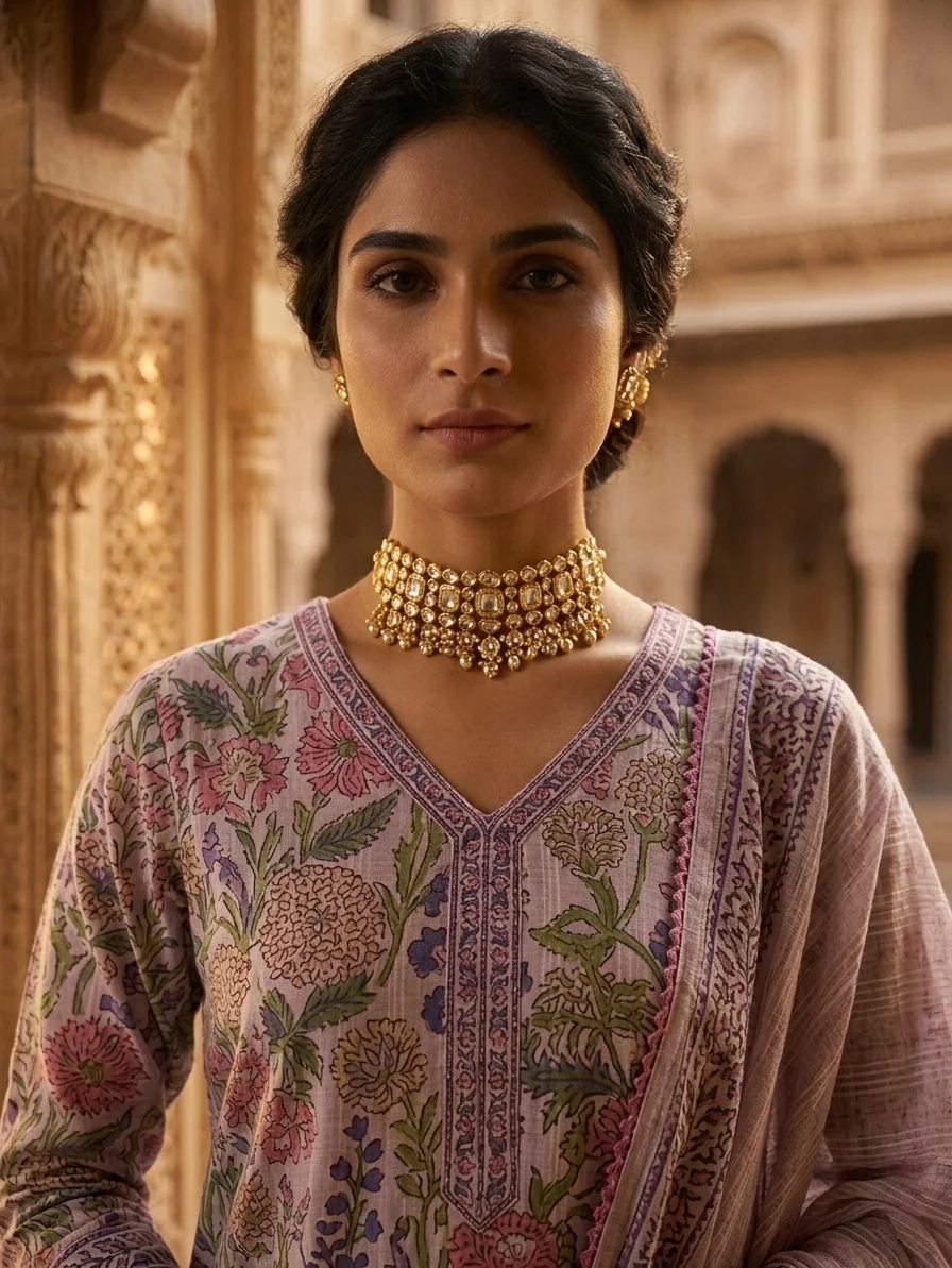 Women's Lilac Botanical Print Kurta Set – Traditional V-Neck Suit with Dhoti Pants and Tasseled Dupatta
