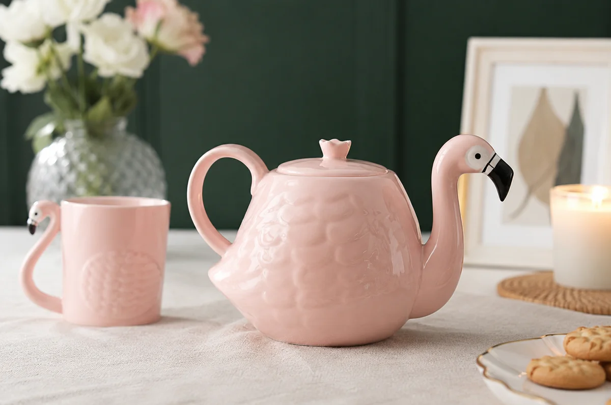 Pink Flamingo Ceramic Tea Set – Elegant Teapot & Matching Mugs for Stylish Tea Time (1 Pot + 2 Cups) alt