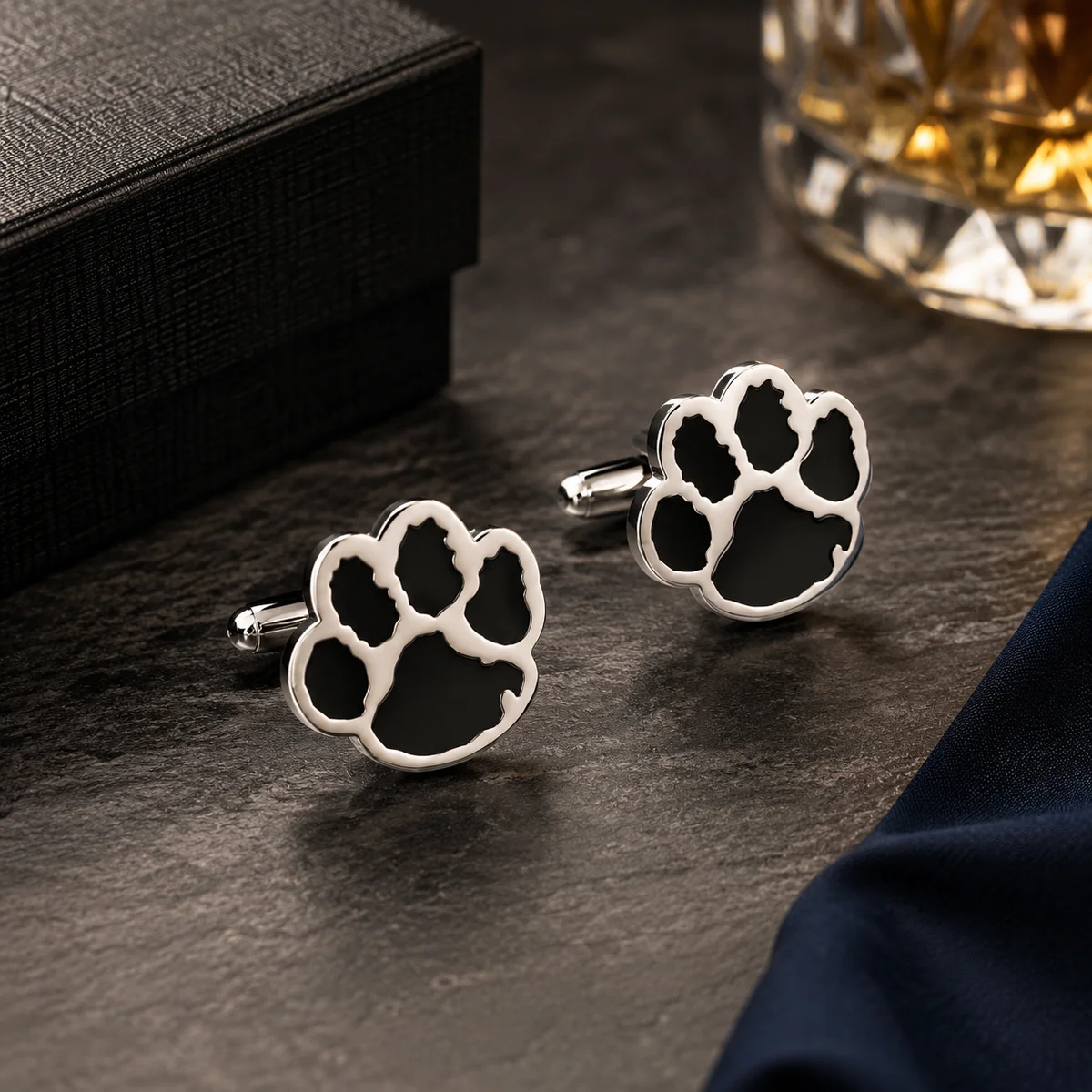 Black Paw Print Enamel Cufflinks For Men With Free Leather Box alt