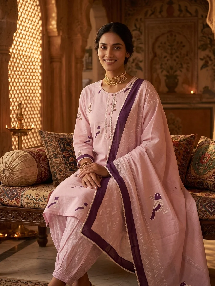 Premium Pure Cotton Pastel Pink Bird Motif Kurta Set with Contrast Border And Foil Thread Print