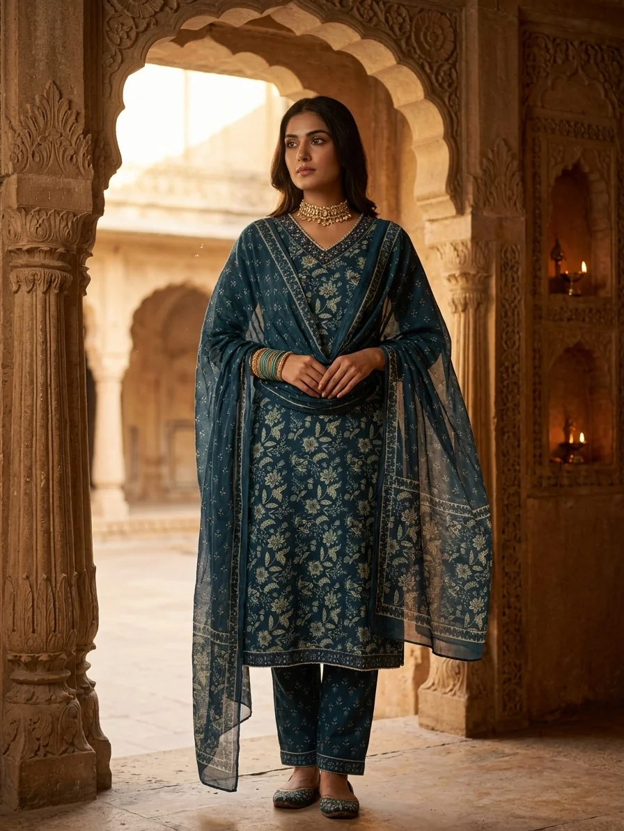 Women’s Blue Floral Printed Kurta Set with Dupatta alt