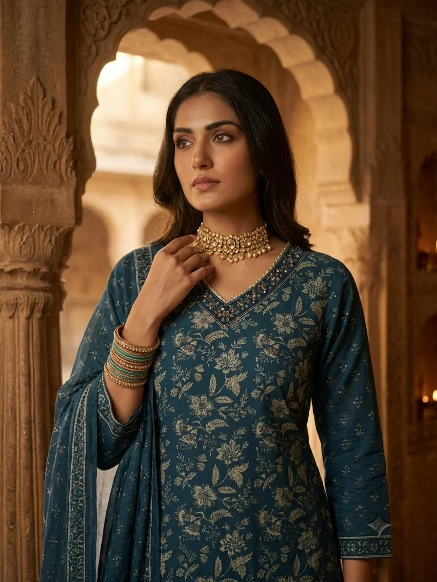 Women’s Blue Floral Printed Kurta Set with Dupatta