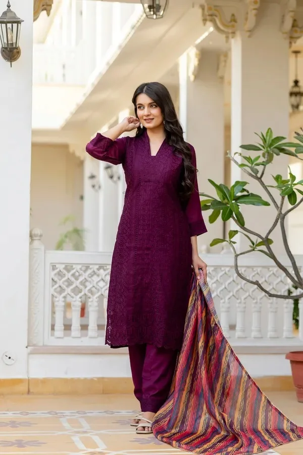 Product ID: jkk5roqd  Maroon Roman Silk Chikankari Kurti Pant Set with Kota Dupatta | Festive Ethnic Wear for Women 7