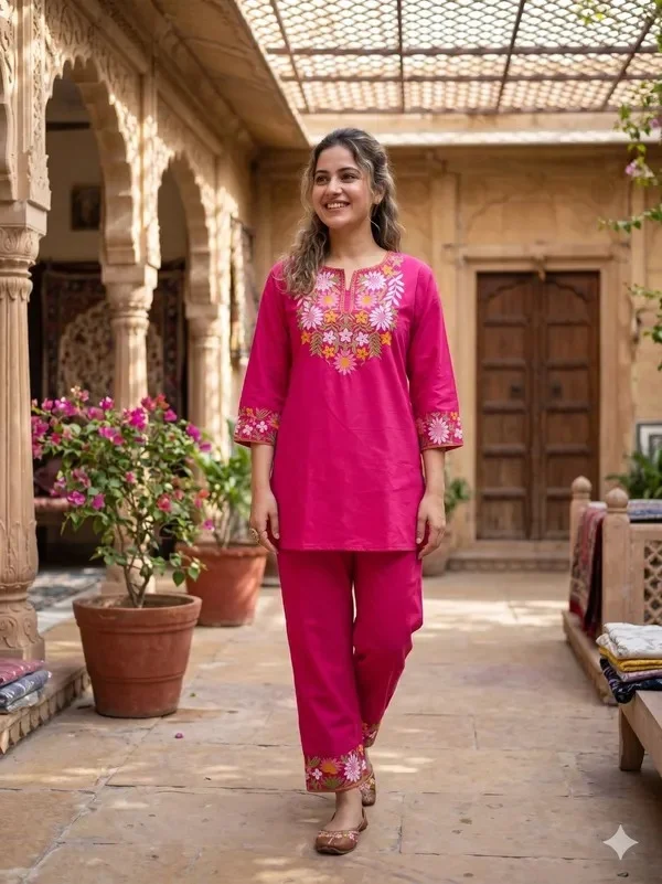 Product ID: Z_L6dSLU  Embroidery Work Pink Color Cotton Co_erd Set