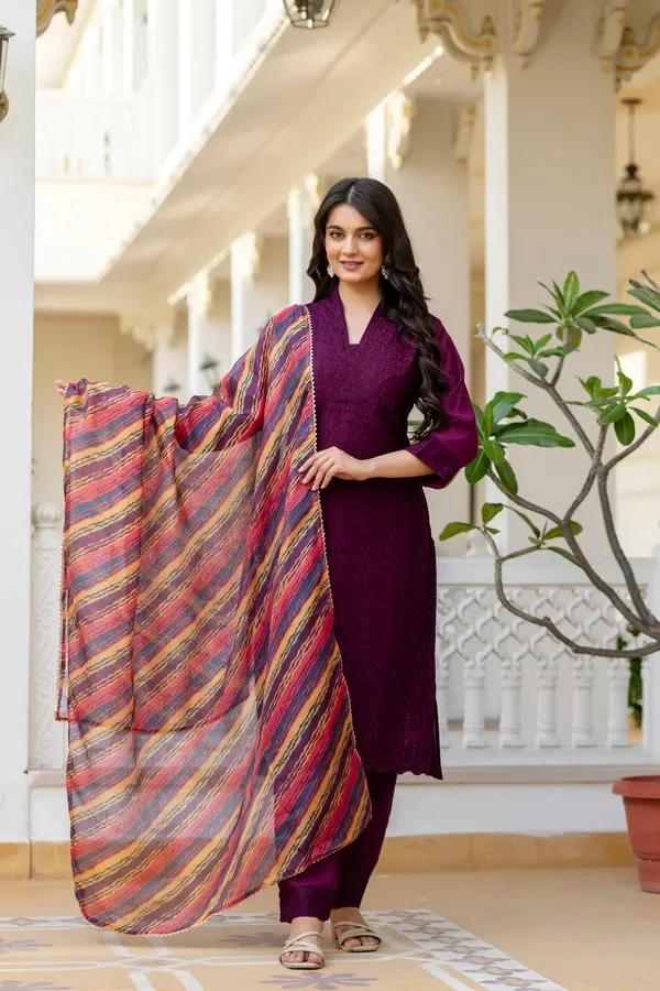 Product ID: jkk5roqd  Maroon Roman Silk Chikankari Kurti Pant Set with Kota Dupatta | Festive Ethnic Wear for Women